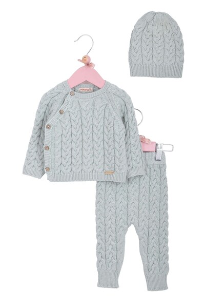 Minora طقم تريكو للجنسين بأزرار على الجهتين طقم تريكو للشعر مكون من 3 قطع مينت