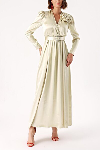 SOCIETA Bej Gül aksesuar detaylı anvelop uzun elbise 94219