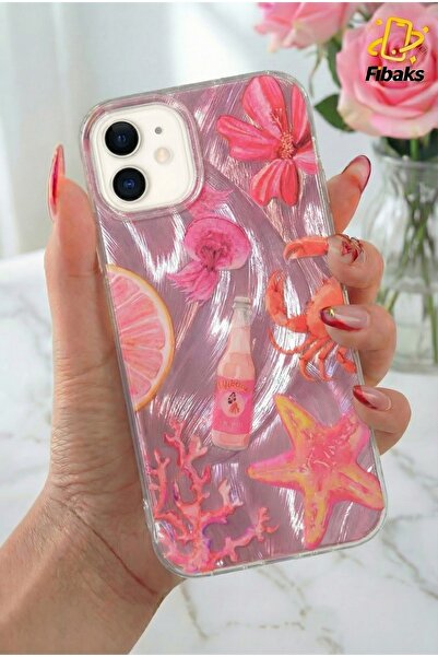Fibaks iPhone 11 Kılıf Hologramlı Pembe Yengeç Mercan Desenli Darbe Emici Kam...