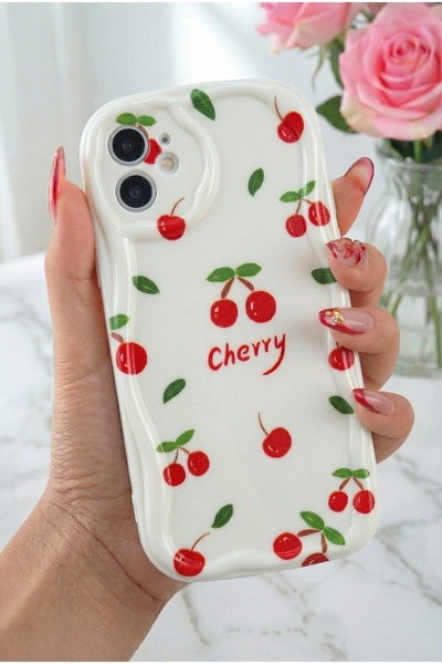 Fibaks Apple Iphone 11 Uyumlu Kılıf Kamera Korumalı Dalga Kenarlı Kiraz Desen...
