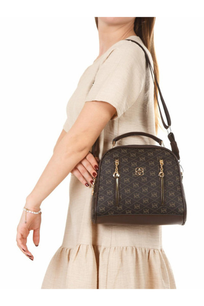 Newish Polo Women's Patterned Daily Crossbody Bag – Black with Gold Zip Detail