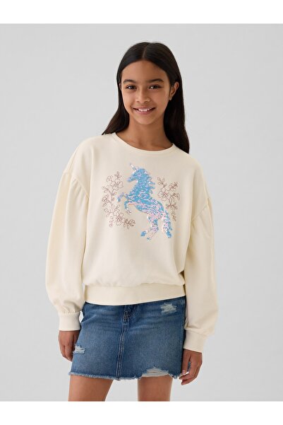 GAP Kız Çocuk Kırık Beyaz Relaxed Flippy-Sequin Grafikli Fransız Havlu Kumaş ...