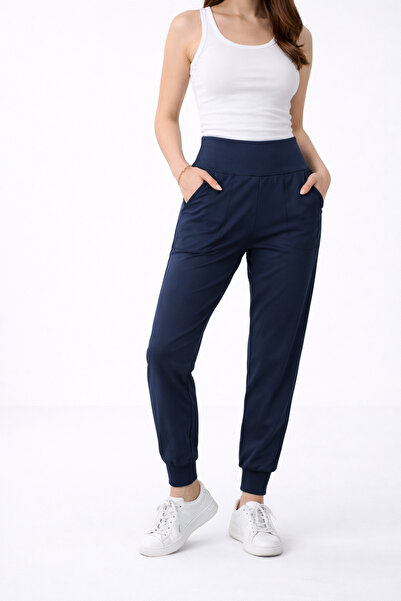 POLYMOOD Pantaloni de sport elastici pentru femei, albastru marin, cu talie î...