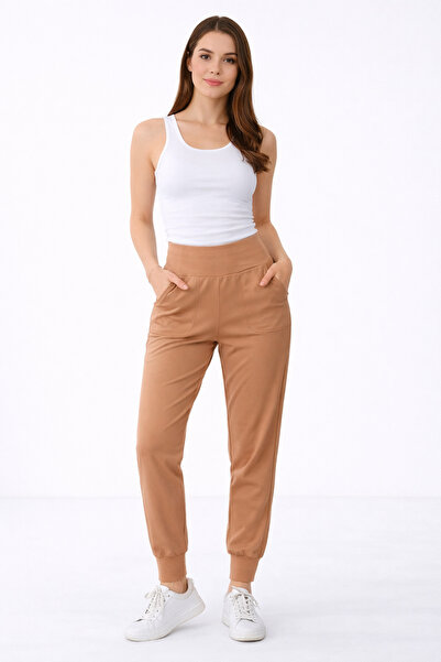 POLYMOOD Pantaloni de sport elastic maro pentru femei, cu talie înaltă buzuna...