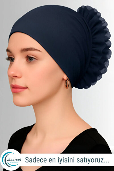 Jusmart Lacivert ◇ Pamuklu Fırfırlı Bone ◇ Kaymayan Dikişsiz Topuz Bonesi ◇ G...