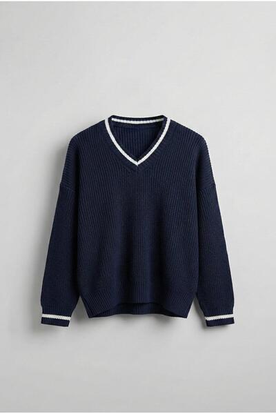 ablukaonline Erkek V Yaka Oversize Kontrast Detaylı Kazak Lacivert