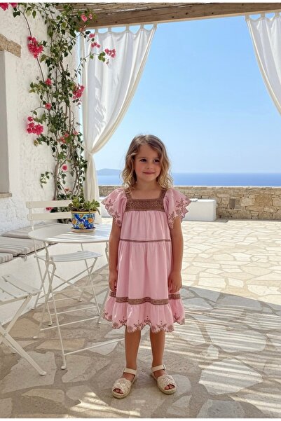 HÇ Hülya Çelik KİDSWEAR 2018 Rochie de vară roz din bumbac cu broderie și det...