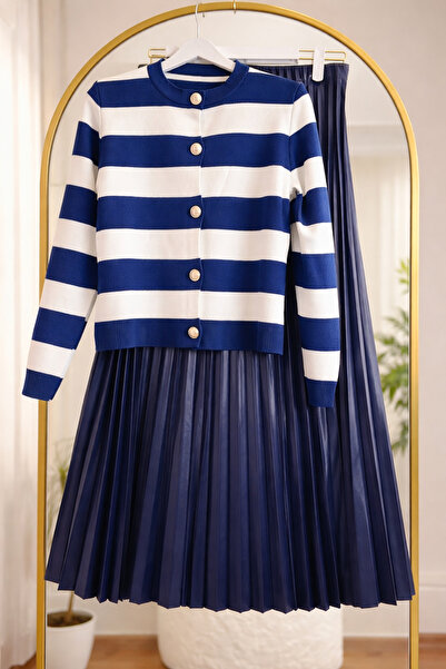 Bahar Altundemir Kadın Triko Hırkalı Piliseli Etekli Lacivert Takım Kadın Kıs...