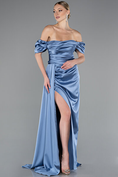 Abiyefon İndigo Bacak Dekolteli Kayık Yaka Uzun Saten Abiye Elbise Abu1606