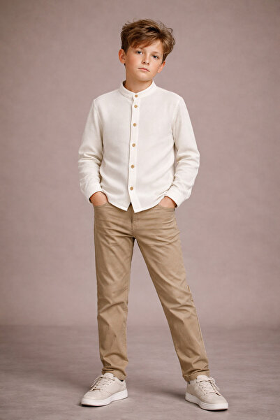 mumuko Erkek Çocuk Ekru Hakim Yaka Kışlık Gömlek Dokulu