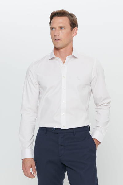 ALTINYILDIZ CLASSICS Beige Slim Fit Slim Fit Small Italian Collar Dobby Shirt