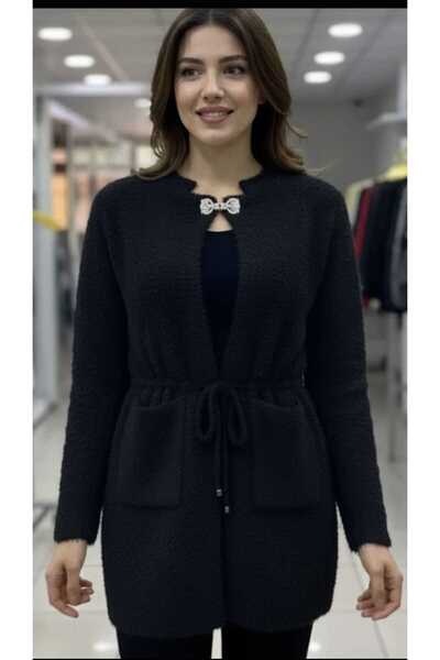 Aylin Güncüoğlu Stone Color Long Sleeve Plush Jacket with Brooch Closure on the Front
