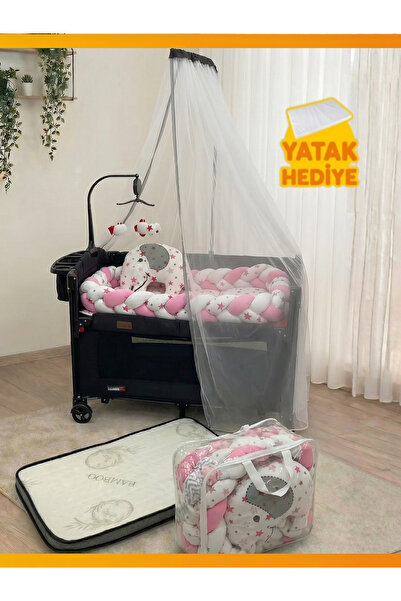 modabebekler Anne Yanı Pembe Bebek Park Yatağı, Cibinlikli Oyuncaklı, Yatak H...