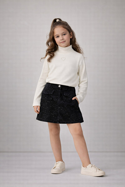 mumuko Kız Çocuk Ekru Fitilli Dik Yaka Kalp Nakışlı Uzun Kollu Tişört