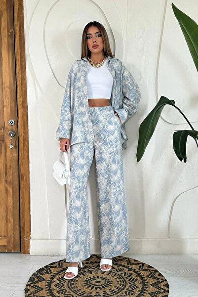 Moda Days Patterned Oversized Shirt Collar Trousers Women's Set Comfortable Fit Daily Stylish Two-Piece Set