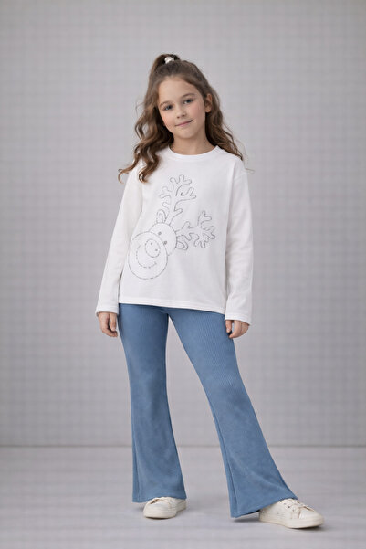 mumuko Kız Çocuk Mavi Fitilli İspanyol Paça Tayt – Esnek, Yumuşak Dokulu Günl...