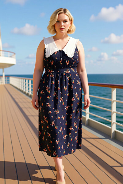 BENERLY Women's Plus Size Peter Pan collar Sleeveless Midi Poplin Floral Dres...