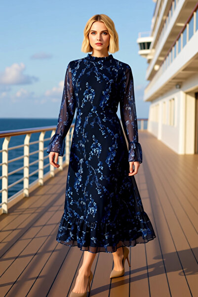 BENERLY Women's Mock Neck Long Sleeve Spanish Sleeve A-Line Midi Chiffon Wove...