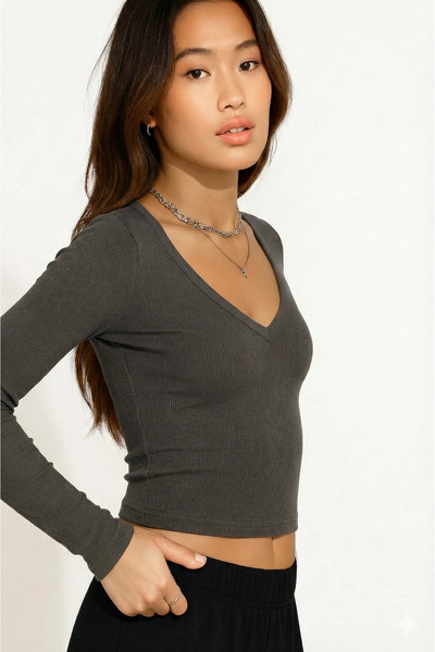 UNIQVIBE Organic Cotton Anthracite Corded Fabric Women's Long Sleeve V-Neck Blouse