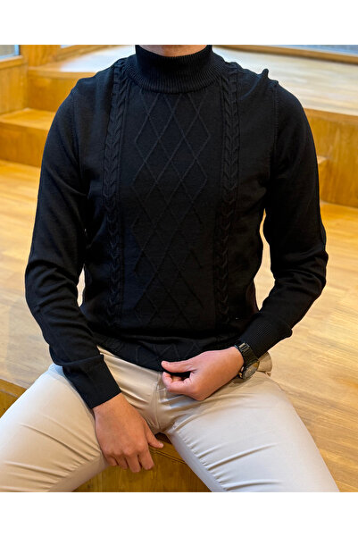 Avni Ceylan Men's Diamond Patterned High Collar Slim Fit Knitwear Sweater