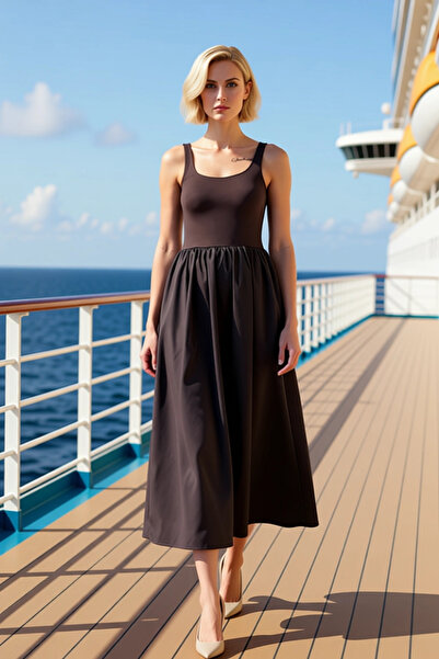 BENERLY Women's Square Neck Thick Strap Sleeveless Skater Fit Maxi Woven Dress