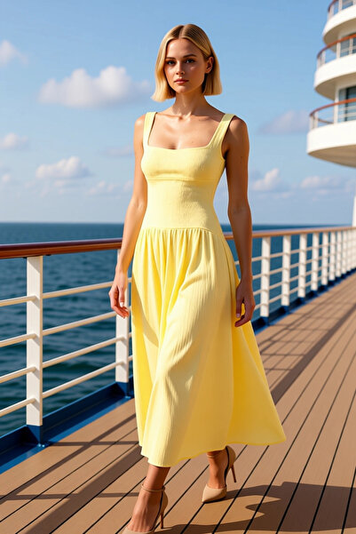 BENERLY Women's Square Neck Thick Strap Sleeveless Woven Fabric Skater Fit Mi...