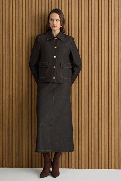 Aker Kahverengi Denim Görünümlü Etek