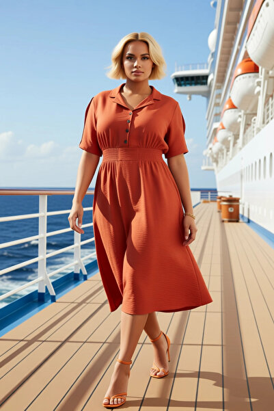 BENERLY Women's Plus Size Shirt Collar Short Sleeve Midi Woven Dress Aerobin ...