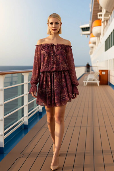 BENERLY Women's Carmen Collar Balloon Sleeve Skater Fit Abstract Pattern Mini...