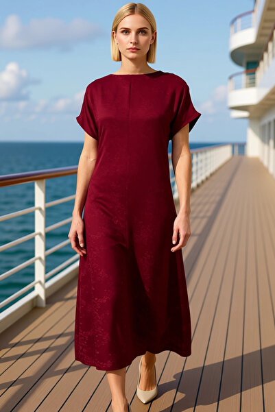 BENERLY Women's Crew Neck Batwing Sleeve Short Sleeve Shift Jacquard Midi Wov...