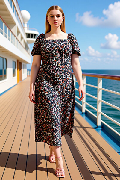 BENERLY فستان نسائي كبير الحجم بياقة مربعة وأكمام بالونية متوسطة الطول منسوج ...