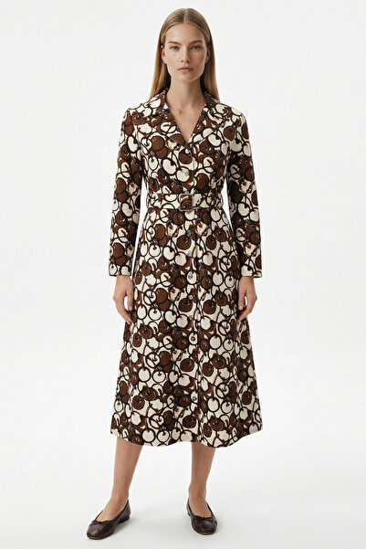 Exquise Long Sleeve Fitted Waist Buttoned Front Maxi Length Brown Dress