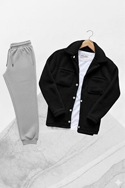 CAST COLLECTİON Jachetă unisex neagră din pluș cu nasturi, set de 2 pantaloni...