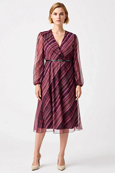 BENERLY Women's V-Neck Double-Breasted Midi Dress Balloon Sleeve Chiffon Wove...