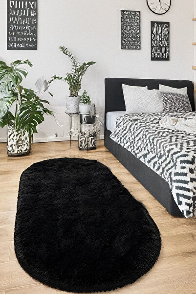 Alpina Home Black Oval Washable Puffy Plush Carpet Runner Soft Non-Slip Base