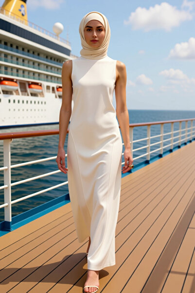 BENERLY Women's Crew Neck Sleeveless Skater Fit Maxi Dress Interlock Woven