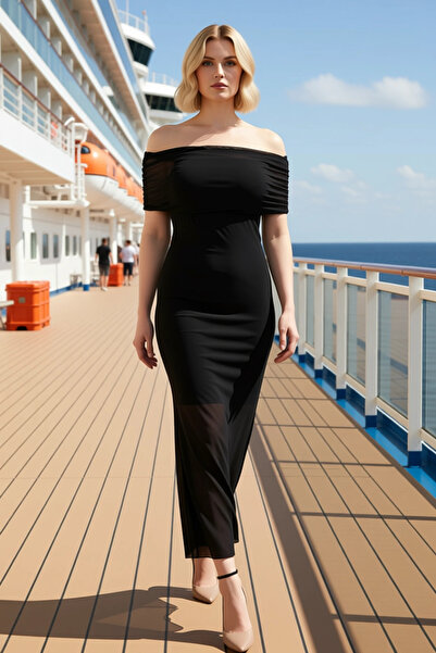 BENERLY Γυναικείο φόρεμα μεγάλου μεγέθους Carmen με γιακά από τούλι, πλεκτό, ...