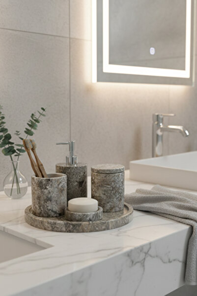 Deconore Traverten Mermer Banyo Seti 5’li – El Yapımı Doğal Taş Banyo Aksesua...