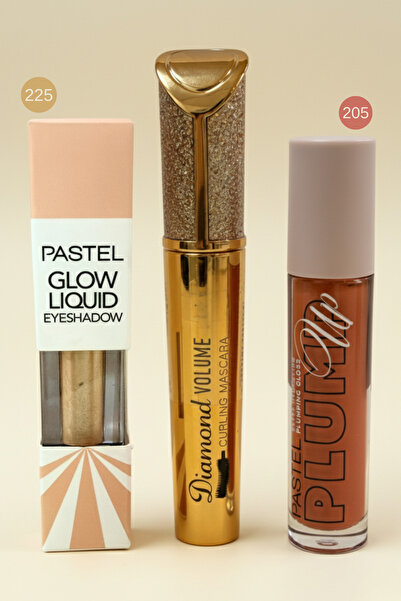 Pastel Kadın Kozmetik Likit Göz Farı Lip Gloss Maskara (Rimel) 3`lü Makyaj Seti