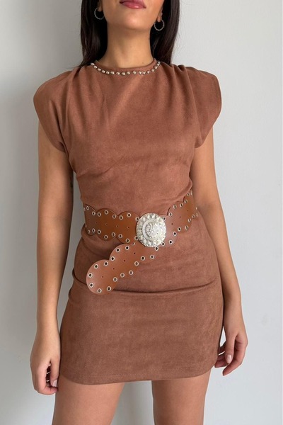 Güneş Yaka zımba işlemeli süet mini elbise