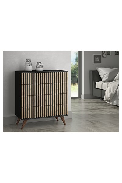 Vivense NOVA ZEBRA DESEN PREMİUM ŞİFONYER, WOOD SİYAH, ATLANTİK ÇAM, 4 ÇEKMECELİ