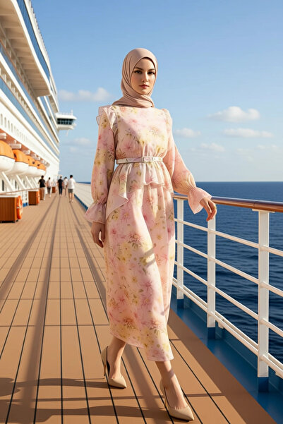 BENERLY Γυναικείο φόρεμα σιφόν με λαιμόκοψη και μανίκια με κορδόνια, λειτουργ...