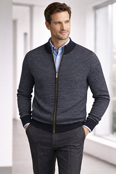 New Oxford Mock Neck Micro Patterned Wool Blend Long Sleeve Zippered Men's Cardigan