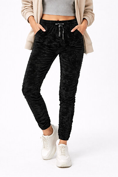 günay boutıque Velvet Trousers Narrow Leg Elastic Waist - Black