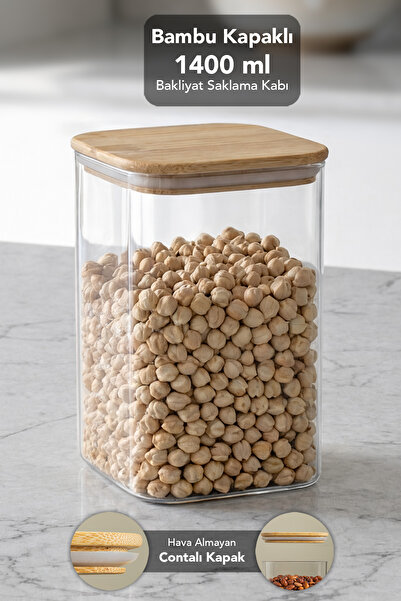 Meleni Home Bamboo Lid Aura Square Storage Container - 1400 ml Airtight Vacuum Lid Food Grain Flour Container