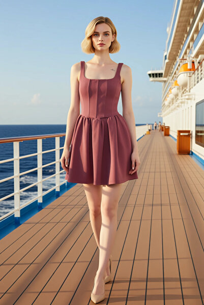 BENERLY Women's Square Neck Sleeveless Skater Fit Mini Knitted Dress Chic