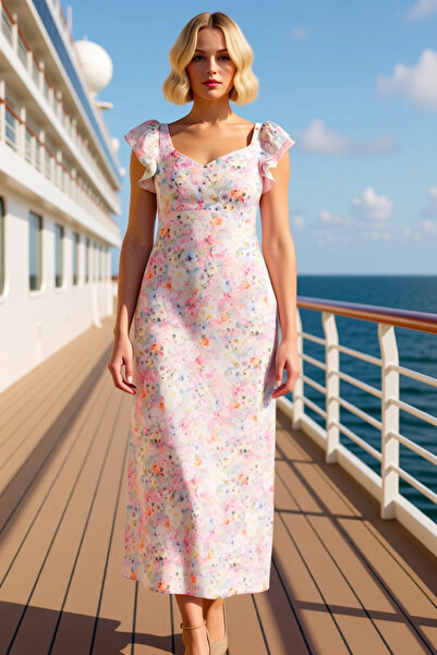 BENERLY Women's V-Neck Short Sleeve A-Line Maxi Woven Dress Floral Pattern Fu...