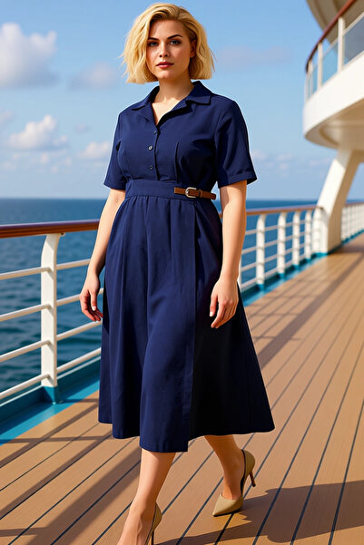 BENERLY Women Shirt Collar Short Sleeve Midi Dress Plus Size Functional Durab...