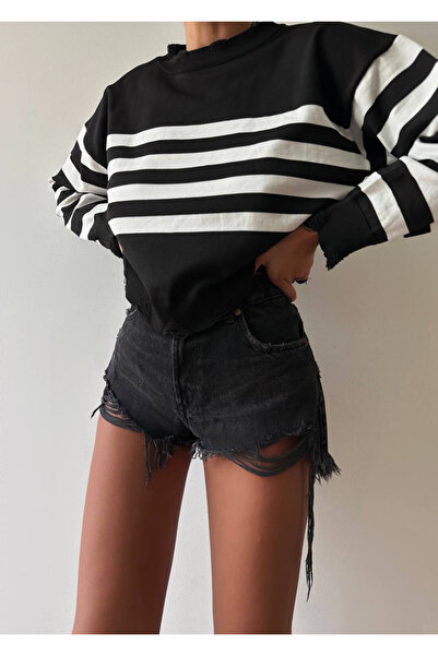 Ortaya Çık Striped Thin Knit Sweater with Ripped Detail