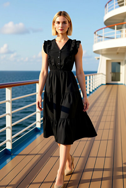 BENERLY Γυναικείο φόρεμα μίντι με λαιμόκοψη V, αμάνικο, με βολάν, με λεπτομέρ...